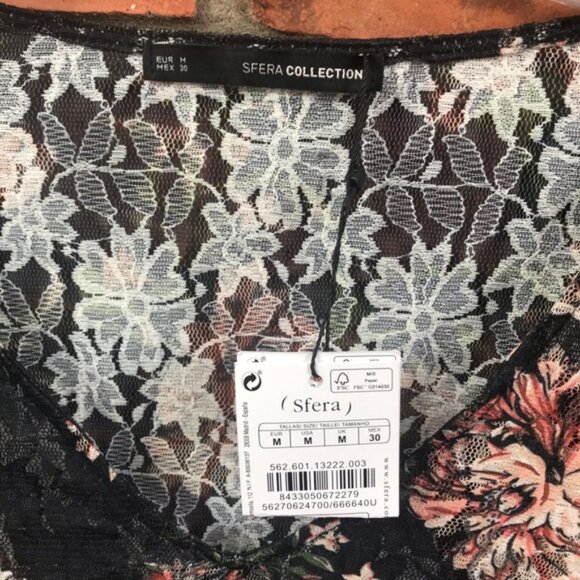 SFERA Spain NEW Lace Floral Sheer Boho Flare Bell Sleeve Peplum Stretch Top Rose - Picture 11 of 15